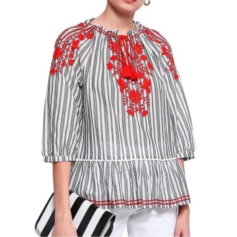 Kate Spade New York Broom Street Striped Net Embroidered Peplum Top – Medium